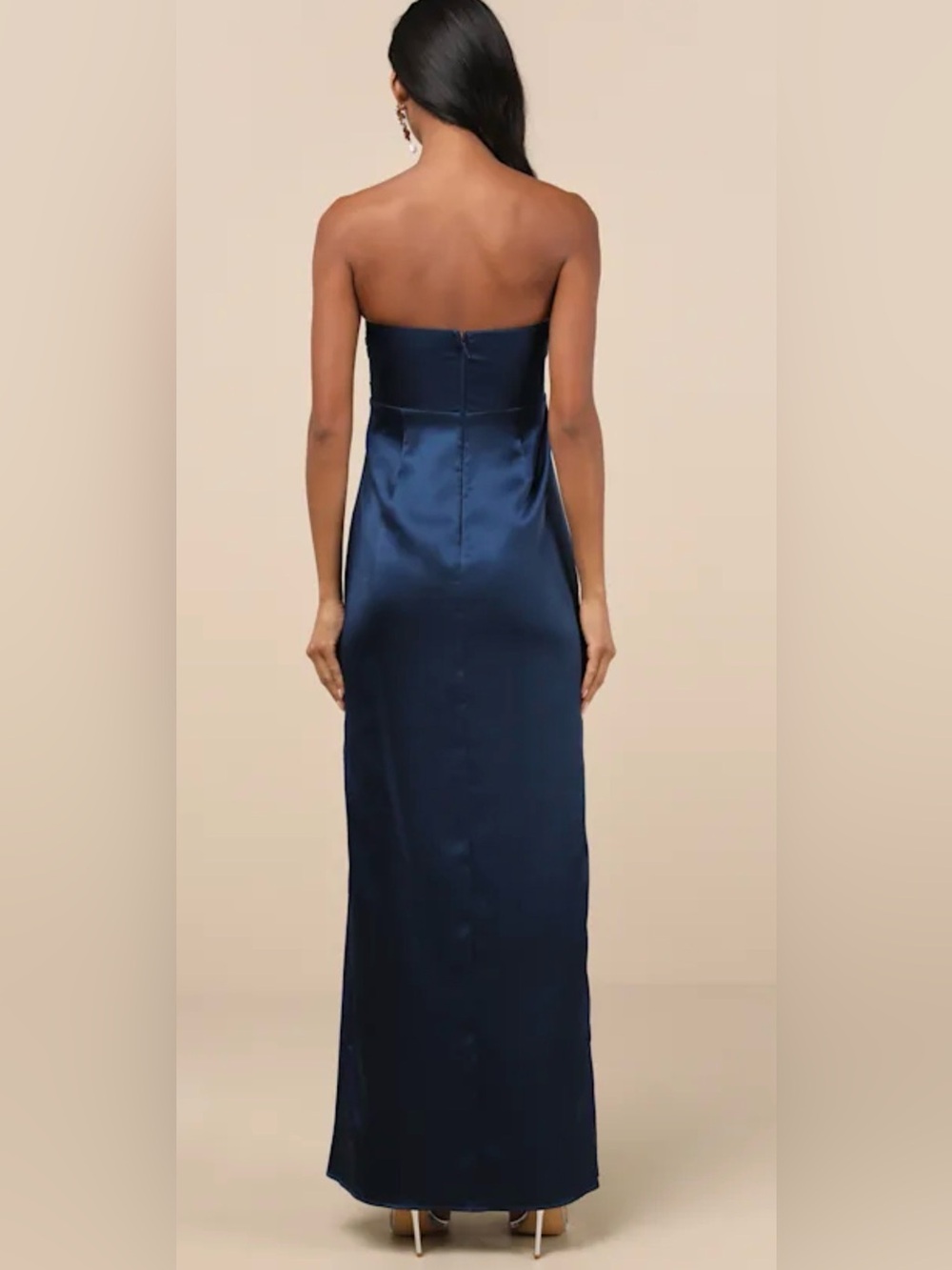 Lulu's Strapless Midnight Blue Satin Pleated Gown - Picture 2 of 10